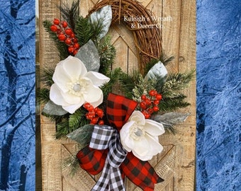 Winter Wreath, Christmas Front Door Wreath, Magnolia Wreath, Farmhouse Rustic Christmas Decor, Magnolia Leaves Wreath, Buffalo Check, Plaid