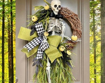 Halloween Wreath with Skeleton and Pumpkins, Scary Cascading Greenery Grapevine Wreath for Front Door, Etsy Halloween Decorating, Outdoor