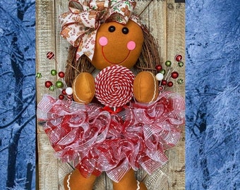 Christmas Wreath for Front Door, Christmas Decorations, Gingerbread Girl Wreath, Christmas Grapevine Wreaths, Ginger Bread Decorations, Home