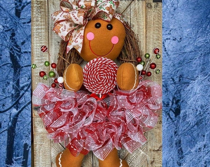 Featured listing image: Christmas Wreath for Front Door, Christmas Decorations, Gingerbread Girl Wreath, Christmas Grapevine Wreaths, Ginger Bread Decorations, Home