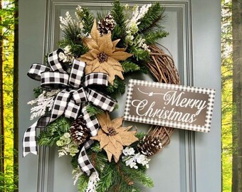 Farmhouse Merry Christmas Wreath, Front Door Wreath, Winter Wreaths, Christmas Grapevine, Poinsettia Wresth, Christmas Outdoor Decor, Home
