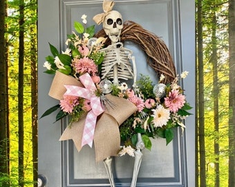 Skeleton Wreaths, Pink Halloween Wreath for Front Door, Disco Ball Halloween, Fall Door Wreath, Pink Halloween Decor, Grapevine, Sunflowers