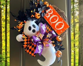 Ghost Wreath, Halloween Wreath for Front Door, Halloween Home Decor, Candy Corn Wreath, Pumpkin Wreath, Boo, Wreath for Halloween, Swag