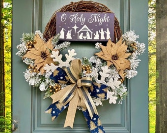 Christmas Nativity Scene Wreath, Blue and Gold Christmas Wreath, Holy Night Decor for Porch, Nativity Wreath for Door, Holy Christmas Decor