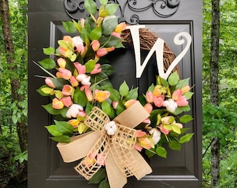 Summer Tulip Wreath, Tulip Front Door Wreath, Cotton Wreath, Gift Ideas, Monogram Wreath, Farmhouse Home Decor, Grapevine, Everyday Wreath