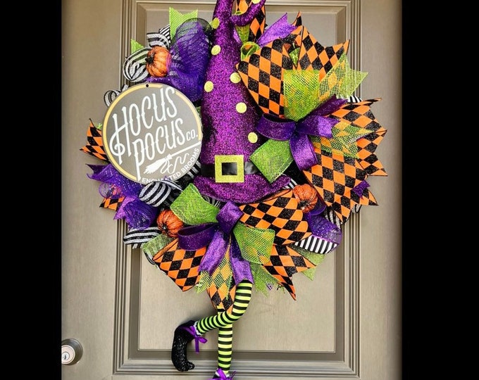 Featured listing image: Witch wreath, halloween wreath, halloween swag, halloween decor, Witch Halloween Decor, Halloween decorations, Witch Door Hanger, Witches