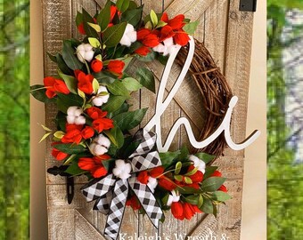 Spring Wreath for Front Door, Buffalo Check Decor, Cotton Front Door Wreath, Tulip Wreath for Front Door, Mothers Day, Patriotic Farmhouse