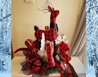 Rustic Christmas Tree Topper, Buffalo Plaid Christmas Decor, Tree Bow, Farmhouse Christmas, Deer Decorations, Bow for Tree, Deer Decorations
