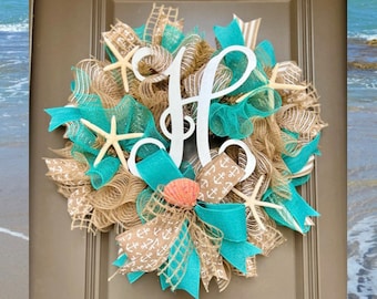 Monogram Beach House Wreath, Beach Housewarming Gift, Coastal Home Decor, Starfish Wreath, Front Door Wreath, Wreath with Initial, Beach