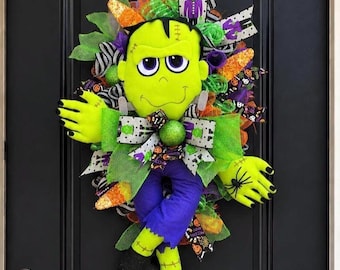 Frankenstein Halloween Wreath, Halloween Front Door Wreath, Halloween Decor, Pumpkin Wreath, Candy Corn Wreath, Decomesh, Scary Halloween