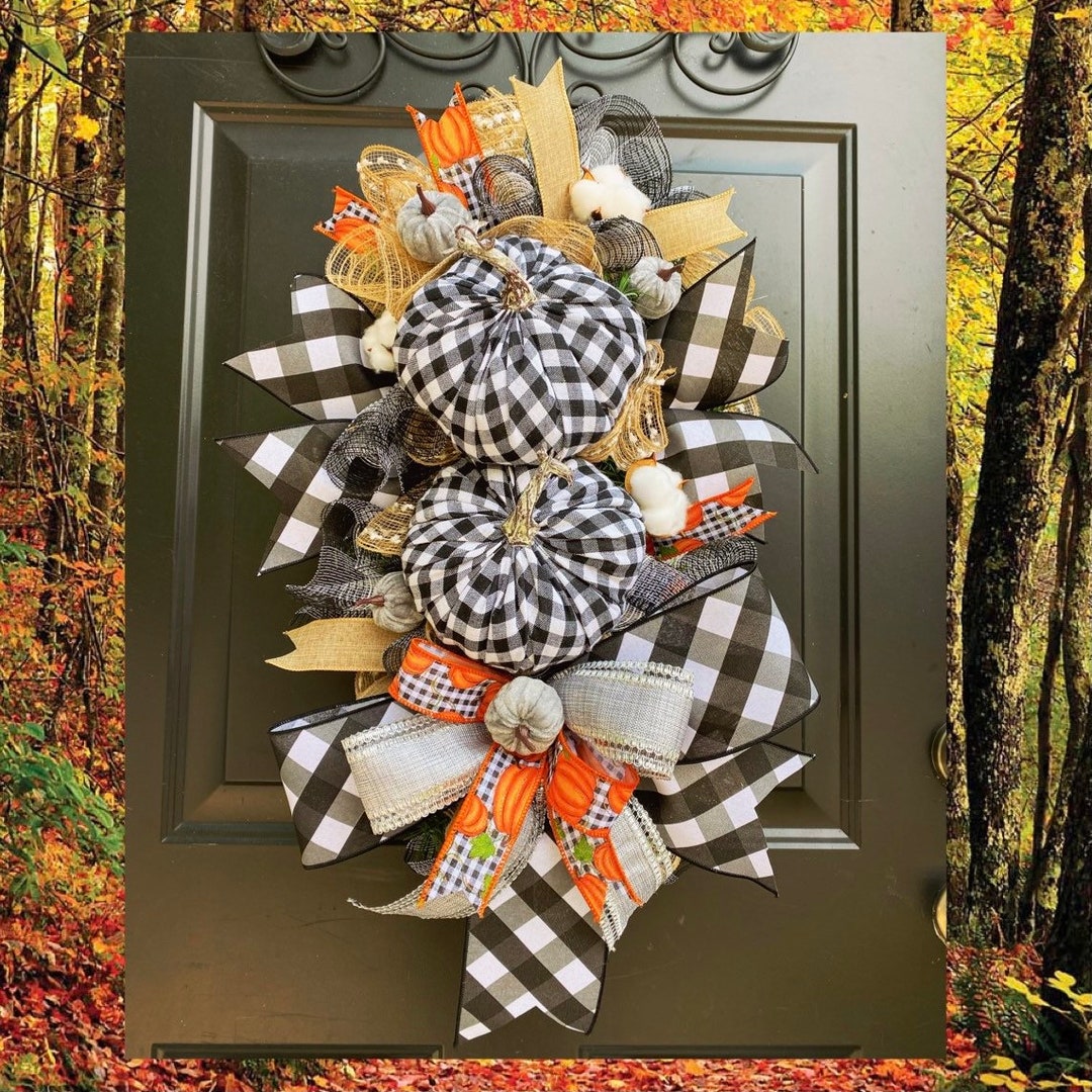 Black and White Buffalo Check Fall Wreath, Fall Wreath for Front Door ...
