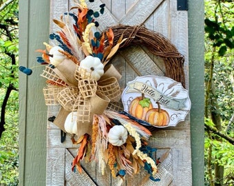 Hello Fall, BOHO FALL Wreaths, Pumpkin Wreath, Thanksgiving Wreath, Fall Door Wreath, Fall Decor, White Pumpkin Wreath, Wreath with initial