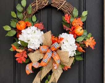 Fall Hydrangea Wreath, Fall Grapevine Wreaths for Front Door, Hydrangea Wreath, Pumpkin Wreath, Buffalo Check Autumn Decor, Farmhouse Rustic