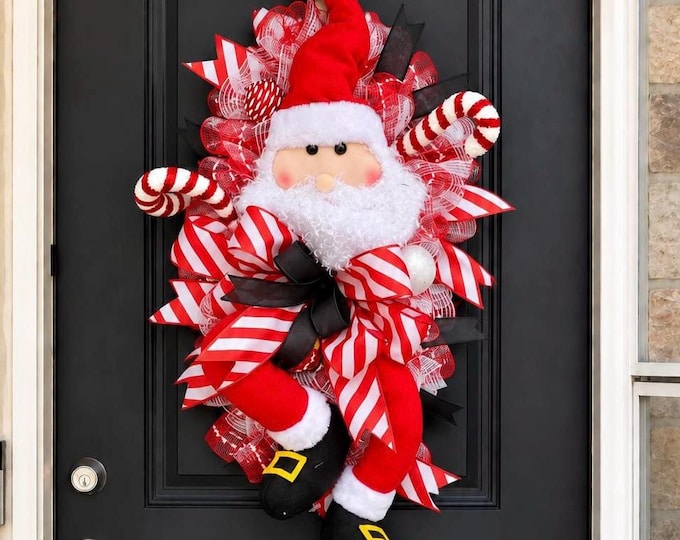 Featured listing image: Santa Wreath for Front Door, Santa Christmas Wreath, Santa Door Decor, Candy Cane Wreath, Candy Wreath, Christmas Home Decor,  Holiday Decor