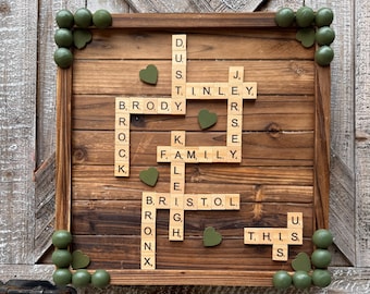 Scrabble Word Puzzle Family Names, Wedding Gift Monogramed, Gift for her, Rustic, Custom Word Letter Tiles, Family Crossword, Farmhouse