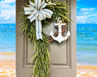 Beach Wreath with Anchor and starfish, Cascading Greenery Grapevine, Blue Turquoise Lake House Decor, Gift for New Home, Coastal Front Door