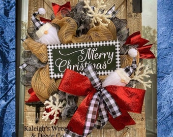 Gnome Christmas Wreath, Buffalo Check Christmas Wreath for Front Door, Buffalo Plaid Holiday Decorations, Gmome Christmas Decor, Wreaths