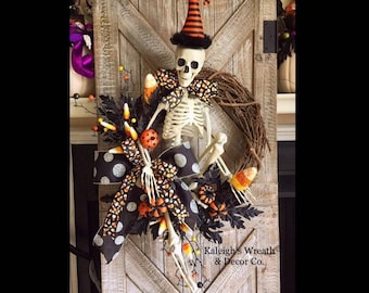 Skeleton wreath, halloween wreath, halloween swag, halloween decor, skeleton swag, halloween decorations, skeleton decor, candy corn wreath