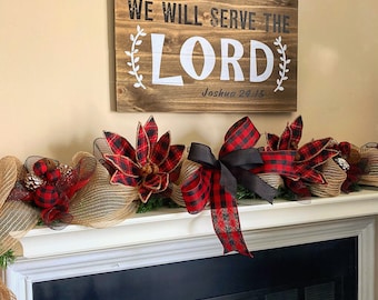 Buffalo Plaid Christmas Decorations, Christmas Garland for Mantle, Garland for staircase, Garland for Front Door, Red and Black Rustic Decor