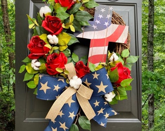 Memorial Day Wreath, Red White Blue Wreath, 4th of July Wreath, Independence Day Decor, Patriotic Wreath, Cross Wreath, Summer Front Door