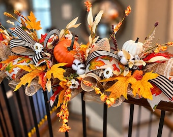 Fall Pumpkin Burlap Garland with Fall Leaves and Fall Florals, Halloween Garland for Front Door, Autumn Table Centerpiece, Staircase Mantel