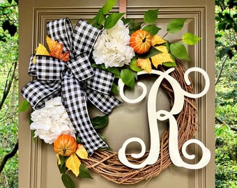 FALL Monogram Wreath, White Pumpkin Wreath, Burlap Fall Wreath, Wreath with letter, Hydrangea Fall Wreaths, Front Door Wreath, Autumn Decor