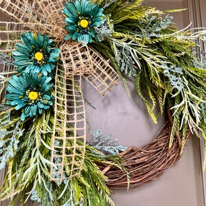 Turquoise Farmhouse Spring Wreath, Monogram Wreath, Spring Front Porch Decor, Year Round Wreaths, Every Day Wreath, Mothers Day Gift, Home image 5