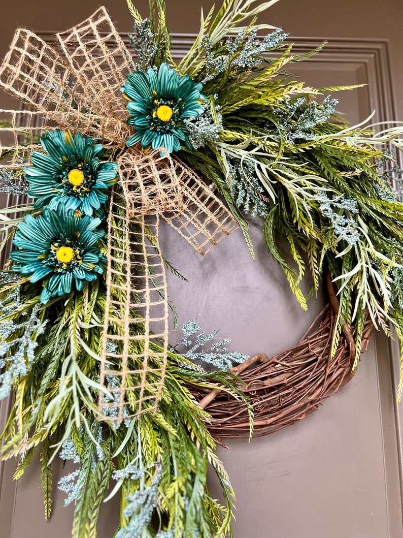 Turquoise Farmhouse Spring Wreath, Monogram Wreath, Spring Front Porch Decor, Year Round Wreaths, Every Day Wreath, Mothers Day Gift, Home image 5