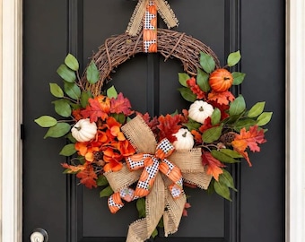 Fall Wreath, Fall Wreaths for Front Door, Front Door Wreath, Hydrangea Wreath, Pumpkin Wreath, Buffalo Check Autumn Decor, Burlap Farmhouse