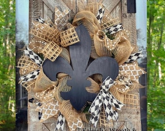 Fleur De Lis Wreath, Fleur De Lis Decorations, Everyday Wreath, Home Decor, Burlap Black Wreaths, Front Door Wreaths, New Orleans, Rustic