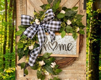 Greenery Eucalyptus and Cotton Grapevine Greenery Wreath, Wreath with Welcome Sign, Year Round Everyday Double Door Wreaths, Farmhouse Door