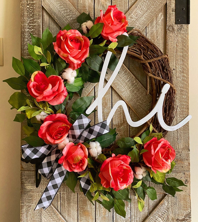 Black White Buffalo Check Wreath Hi Wreath Spring Front Door Wreath Cotton Grapevine Wreath Summer Wreath Spring Decor Rose Wreath