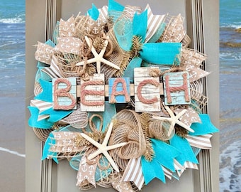 Beach Wreath for Front Door, Starfish Wreath, Coastal Decor, Burlap Beach Wreath, Beach Decorations, Starfish Front Door, Beach House Decor