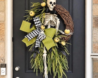 Halloween Wreath with Skeleton and Pumpkins, Scary Cascading Greenery Grapevine Wreath for Front Door, Etsy Halloween Decorating, Outdoor