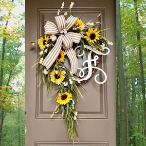 Sunflower Farmhouse Spring Wreath, Monogram Wreath, Spring Front Door, Year Round Wreath, Every Day Wreath, Sunflower Wreath, Cotton Wreath