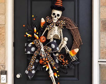 Skeleton wreath, halloween wreath, halloween swag, halloween decor, skeleton swag, halloween decorations, skeleton decor, candy corn wreath