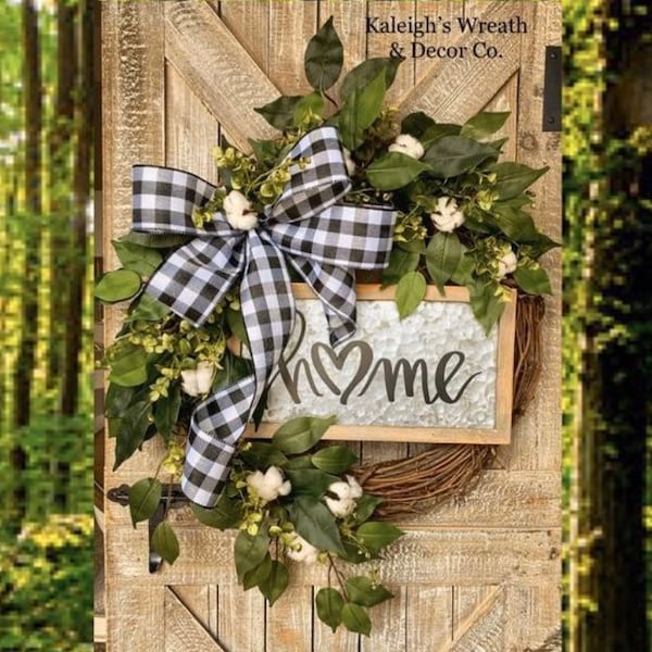 Everyday Wreath, Front Door Wreath with Cotton, Buffalo Check Decor, Farmhouse Wreaths, Year Round, Gifts for Her, Greenery, Buffalo Plaid