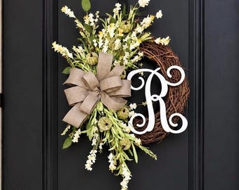 NEUTRAL FALL Wreath, Farmhouse Fall Wreath, Monogram Wreath, Pumpkin Wreaths for Front Door, Grapevine Fall, Rustic Harvest Wreath, Autumn