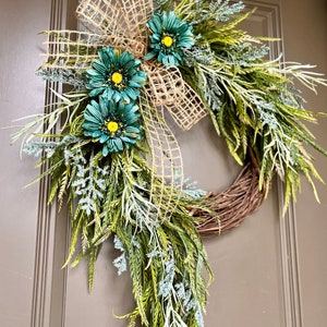 Turquoise Farmhouse Spring Wreath, Monogram Wreath, Spring Front Porch Decor, Year Round Wreaths, Every Day Wreath, Mothers Day Gift, Home image 3