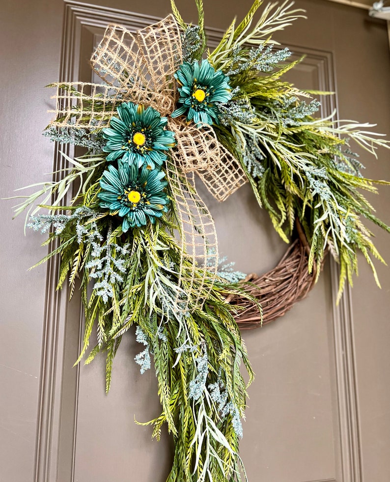 Turquoise Farmhouse Spring Wreath, Monogram Wreath, Spring Front Porch Decor, Year Round Wreaths, Every Day Wreath, Mothers Day Gift, Home image 3