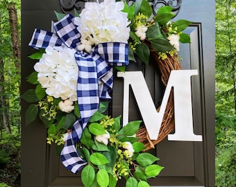 Monogram Wreath, Buffalo Check Wreath, Year Round Wreath, Every Day Wreath, Hydrangea Wreaths, Front Door Wreath, Spring Wreath, Decor