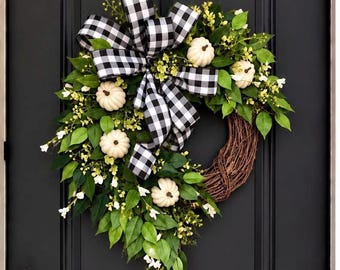 Farmhouse Fall Wreath for Front Door - Natural Burlap Door Hanger, Monogram White Pumpkin Designer Fall Decor - Autumn Door Decor, Wreaths