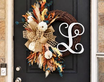 BOHO FALL Wreaths, Pumpkin Wreath, Thanksgiving Wreath, Fall Door Wreath, Fall Decor, White Pumpkin Wreath, Wreath with Letter, Blue Feather