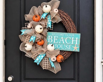 Beach Fall Wreath, Beach Fall Decorations, Coastal Fall Decor, Burlap Beach Wreath, Pumpkin Wreath, Fall Front Door Wreath, Pumpkin Beach