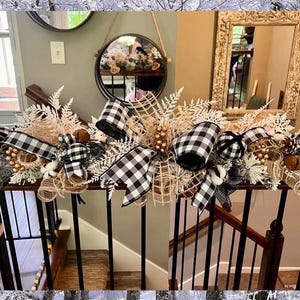 Farmhouse Christmas Garland for Mantle, Buffalo Check Outdoor Christmas Garland, Christmas Fireplace Decor, Black White Staircase Garland