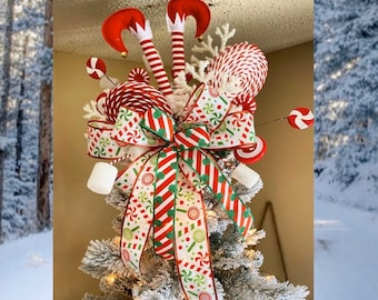 Christmas Decorations, Christmas Tree Topper, Christmas Tree Topper Bow with Streamers, Christmas Tree Decor, Elf Leg, Christmas Wreath