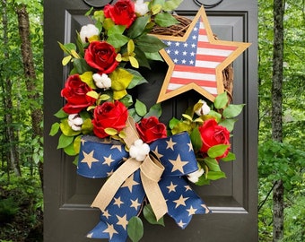 Red White Blue Wreath, 4th of July Wreath, Independence Day Decor, Memorial Day, Patriotic Wreath, Cross Wreath, Summer Front Door Wreath