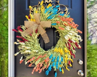 Rainbow Wildflower Grapevine Wreath with Burlap Bow, Pink Red Turquoise Yellow Orange Floral Wreath, Wedding Gift, Front Door Wreath, XL