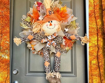 Scarecrow wreath, FALL WREATH, Thanksgiving Decor, Fall leaves, Leopard Fall Wreaths for Front Door, Fall Wreaths, Front Door Wreath