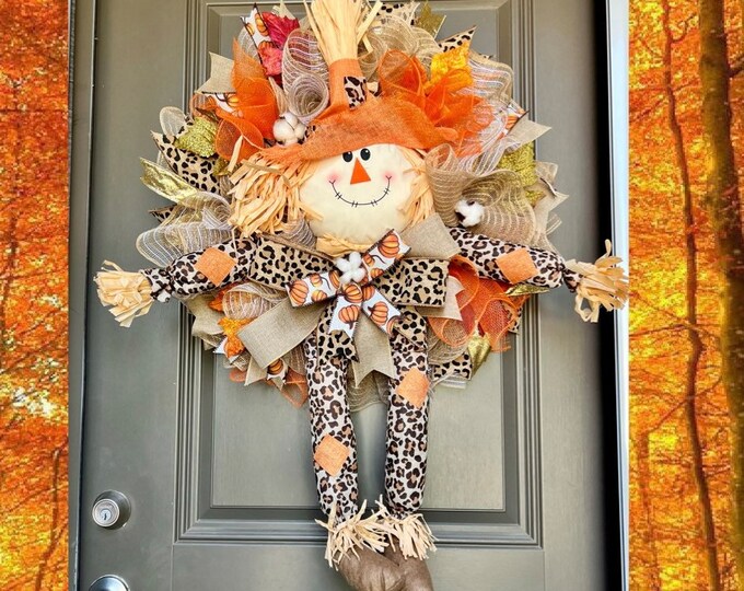 Featured listing image: Scarecrow wreath, FALL WREATH, Thanksgiving Decor, Fall leaves, Leopard Fall Wreaths for Front Door, Fall Wreaths, Front Door Wreath